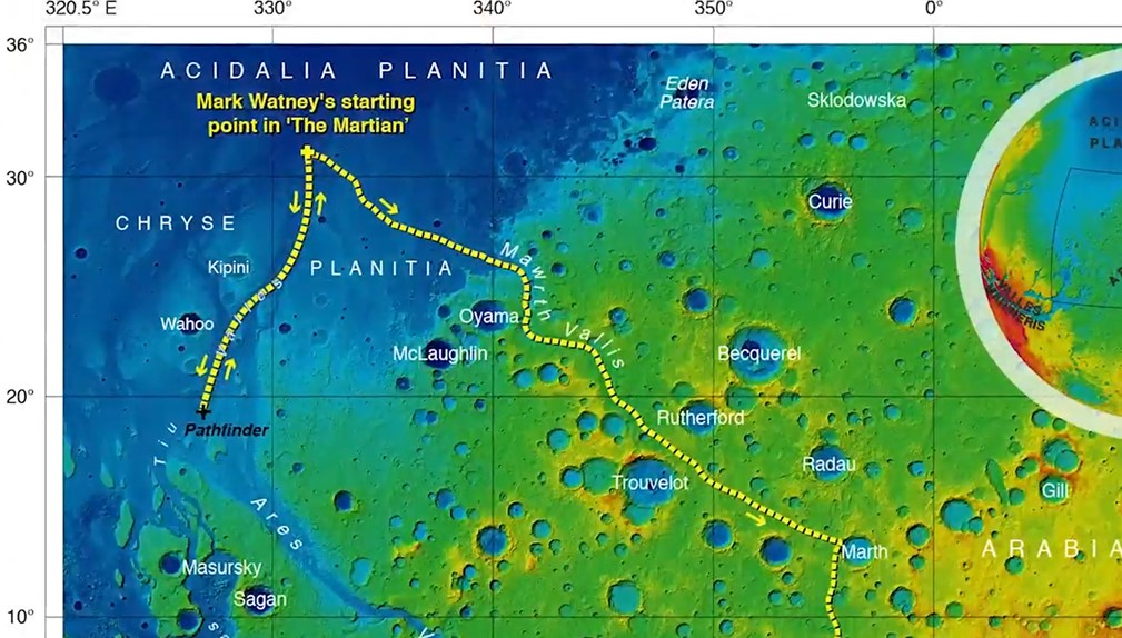 Mars map of Mark Whatney's fictional journey in The Martian